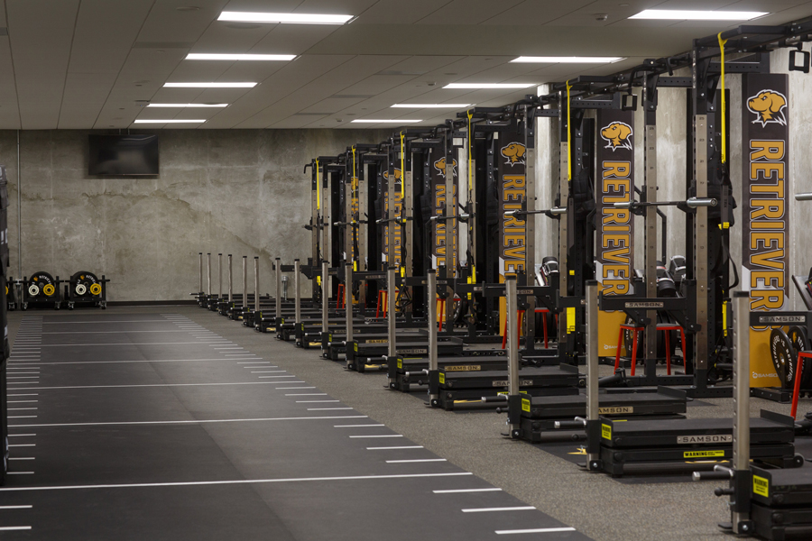 University of Maryland Baltimore County Retrievers basketball arena weight room AV System