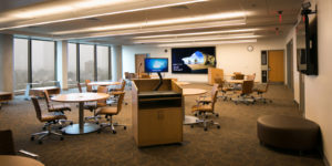 University of Maryland Baltimore County BSSC classroom with lectern and video wall