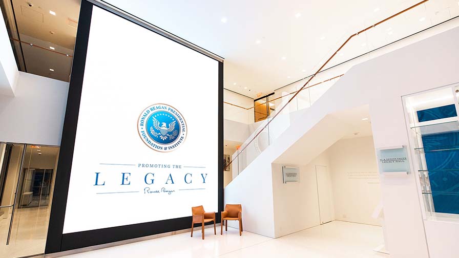 Two story video wall installed int he lobby of The Ronald Reagan Institute