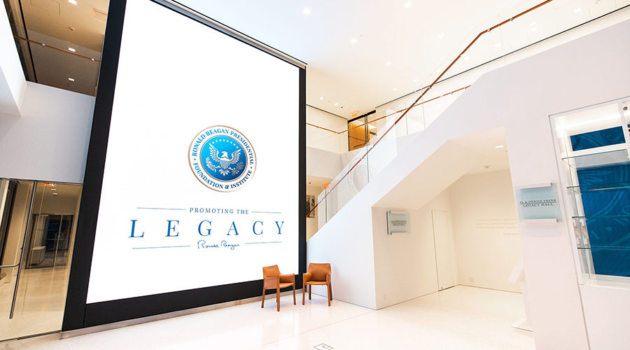 Two story video wall installed int he lobby of The Ronald Reagan Institute
