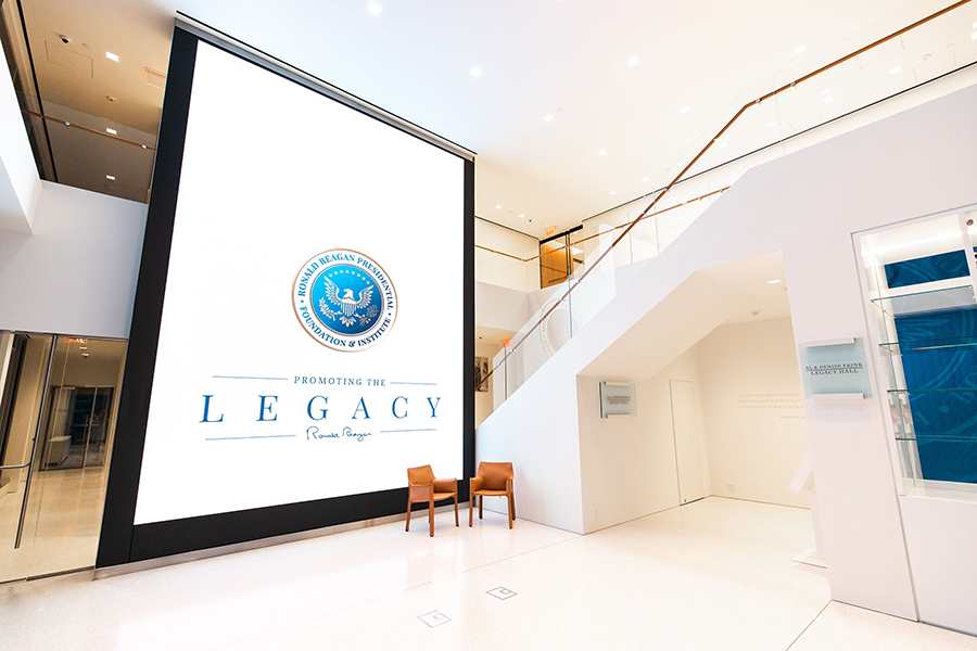 Two story video wall installed int he lobby of The Ronald Reagan Institute