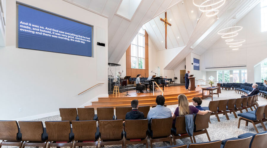 Alexandria Presbyterian Church Sanctuary with scripture subtitles on the display